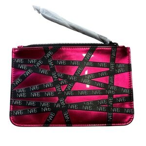 New NARS Metallic Fuchsia Pink Makeup Bag Black Ribbon Logo Print Cosmetic Pouch